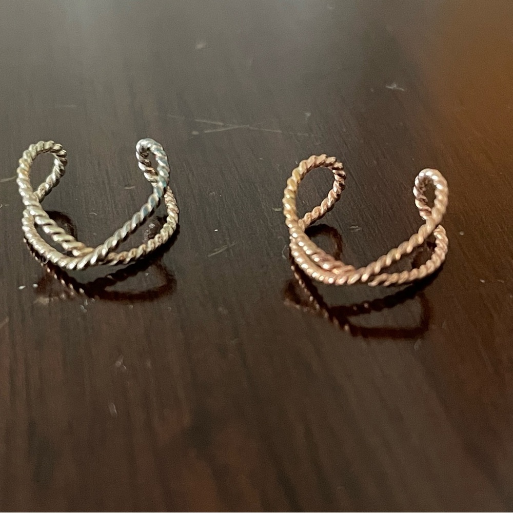 Elegant Twisted Silver and Rose Gold Tone Ear Cuffs (one of each included)